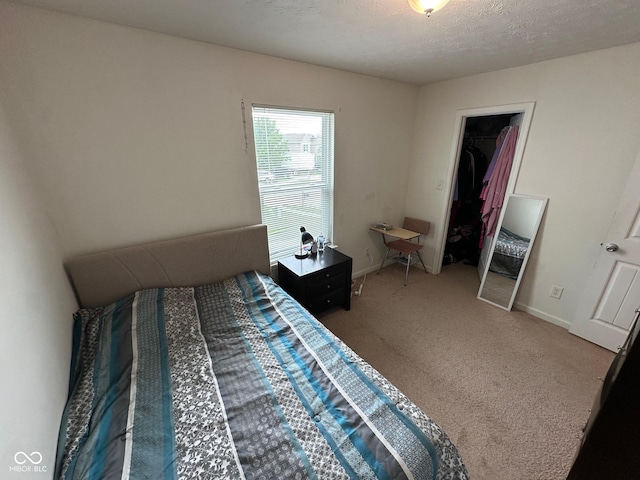 bedroom with baseboards, a textured ceiling, carpet, and a spacious closet