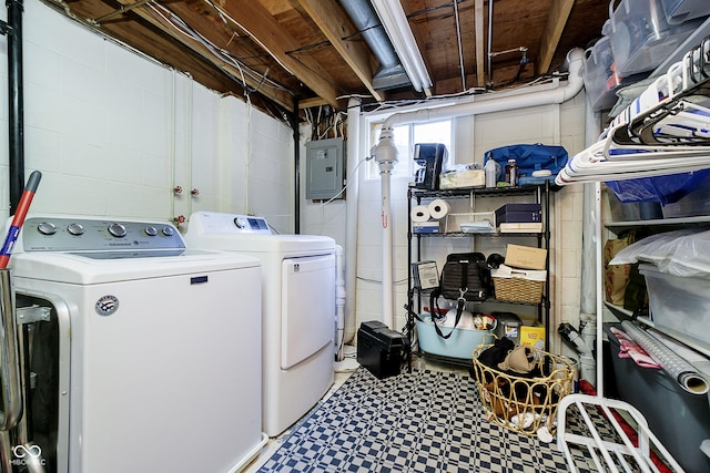 162 Carmelaire Dr, Carmel, IN 46032 - washroom featuring electric panel, independent washer and dryer, tile patterned floors, and concrete block wall