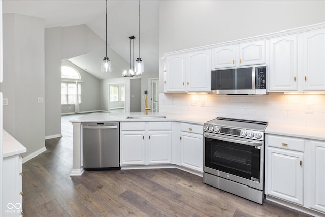 kitchen with appliances with stainless steel finishes, a sink, dark wood-style floors, white cabinetry, and lofted ceiling
