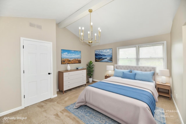 bedroom featuring an inviting chandelier, light carpet, baseboards, vaulted ceiling with beams, and visible vents