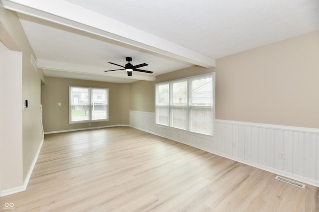empty room featuring visible vents, light wood-style flooring, wainscoting, and beam ceiling