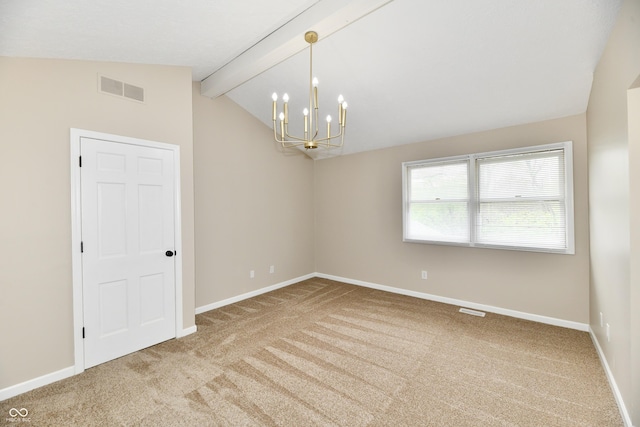 empty room featuring visible vents, baseboards, vaulted ceiling with beams, a chandelier, and carpet flooring