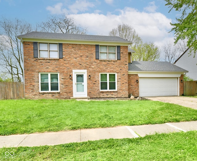 colonial home featuring a front yard, brick siding, fence, concrete driveway, and an attached garage