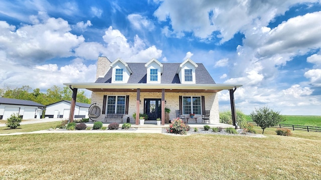 cape cod home featuring a porch, a chimney, a front yard, brick siding, and fence