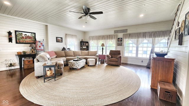 living area featuring wood ceiling, ceiling fan, wood walls, and dark wood finished floors