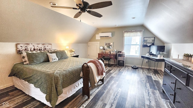 bedroom featuring dark wood-style flooring, a ceiling fan, baseboards, vaulted ceiling, and a wall mounted AC