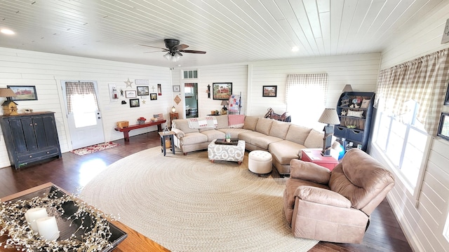 living room with ceiling fan, wood finished floors, wooden walls, and wooden ceiling