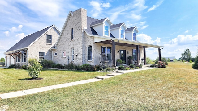 view of front of house featuring brick siding, a chimney, a front yard, and a porch