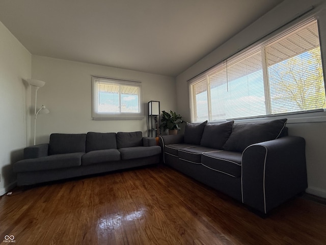 living area featuring baseboards and wood finished floors