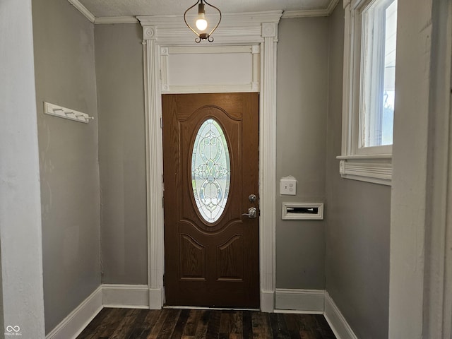 entryway with baseboards, plenty of natural light, ornamental molding, and dark wood-type flooring