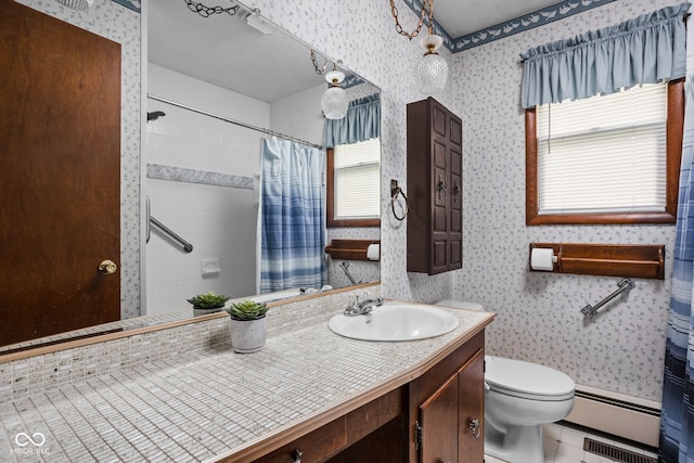 full bathroom with visible vents, vanity, toilet, wallpapered walls, and a baseboard heating unit