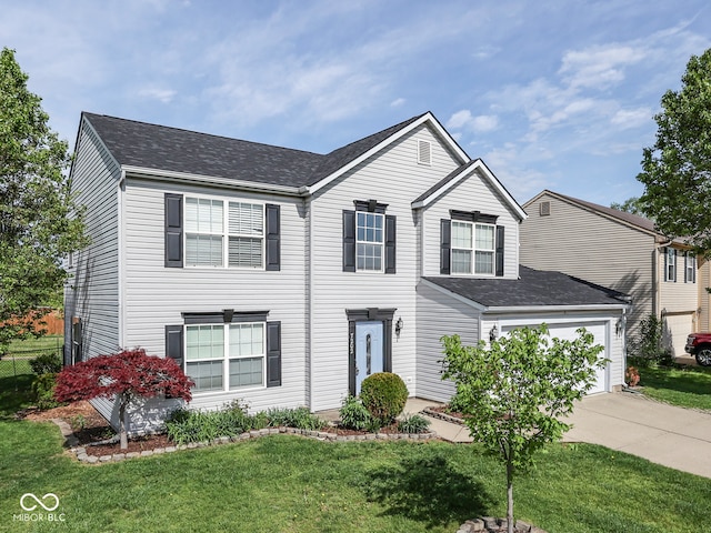 view of front of house with a shingled roof, concrete driveway, and a front yard