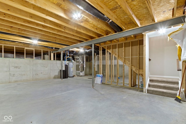 11595 Platt St, Noblesville, IN 46060 - unfinished basement with water heater, heating unit, and stairway