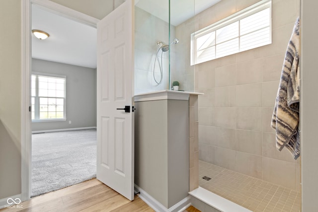 11595 Platt St, Noblesville, IN 46060 - bathroom featuring walk in shower, wood finished floors, and baseboards