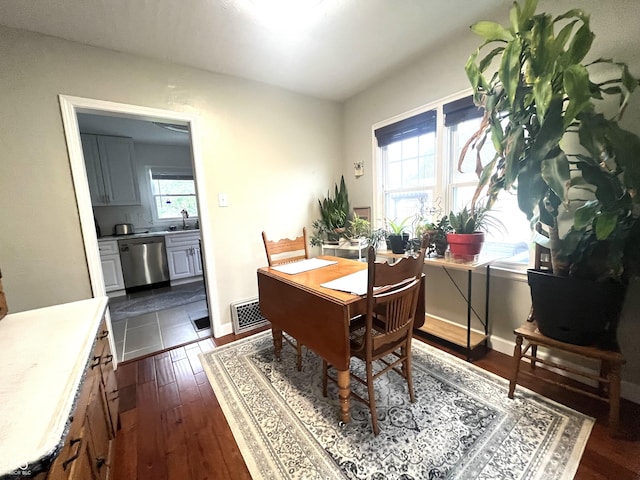 dining area with dark wood-style flooring and visible vents