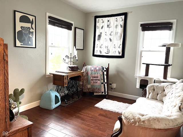 sitting room with baseboards and hardwood / wood-style floors