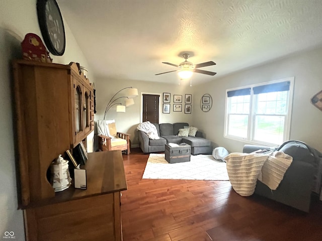 living area featuring a ceiling fan and wood finished floors