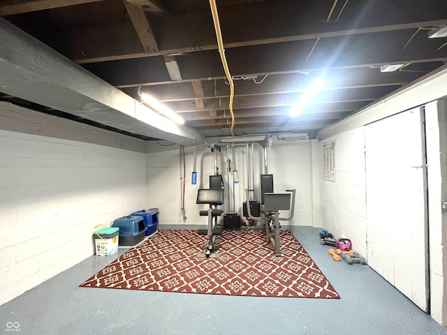 unfinished basement featuring concrete block wall