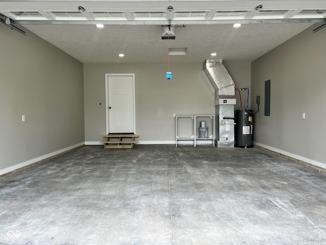 garage with baseboards, electric panel, and electric water heater