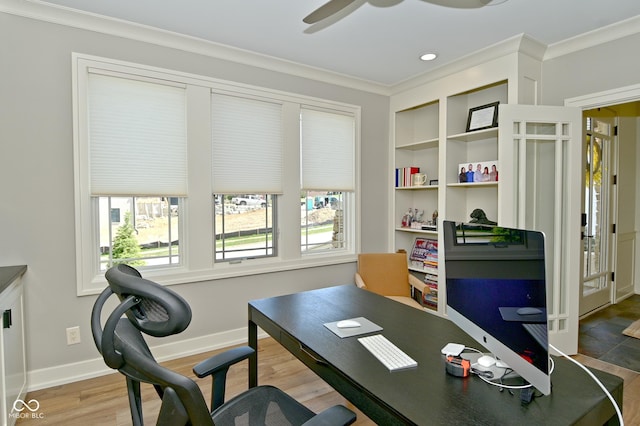office with baseboards, ceiling fan, crown molding, and wood finished floors