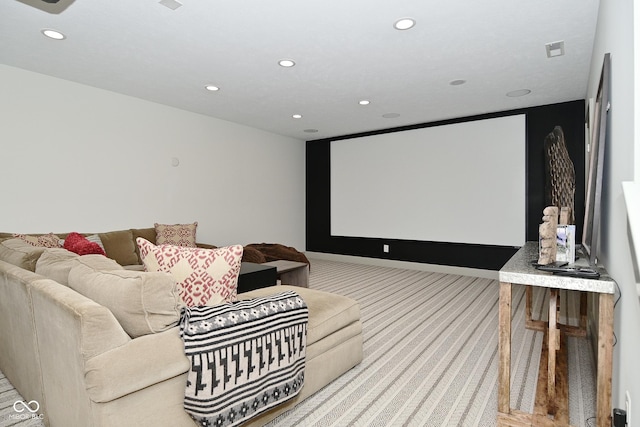 home theater room featuring recessed lighting and carpet floors