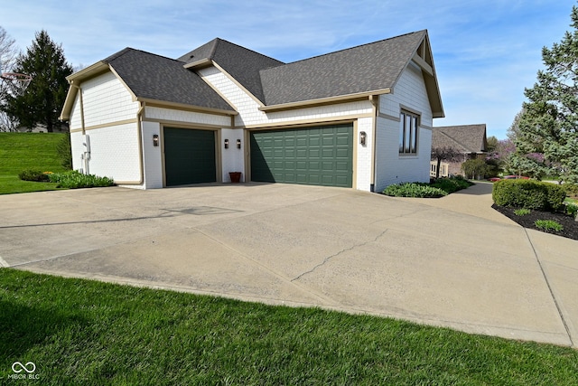 view of front of house with concrete driveway, an attached garage, a shingled roof, and brick siding