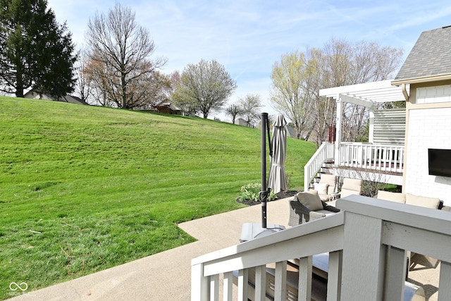 view of yard featuring outdoor lounge area, a patio, and a pergola