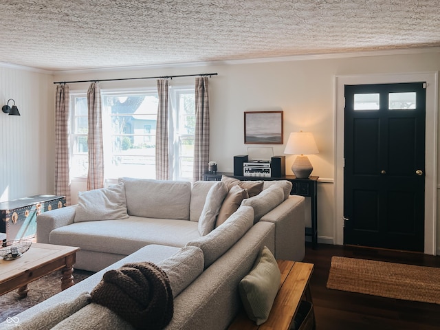 living room with a textured ceiling, dark wood finished floors, and ornamental molding