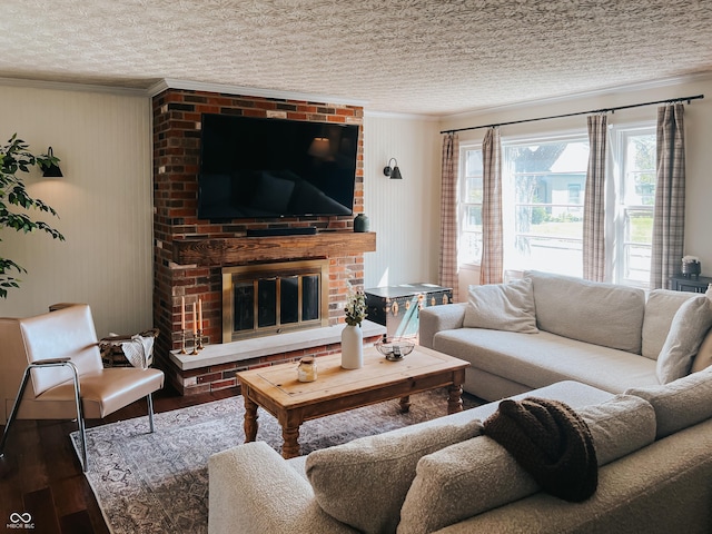living room featuring crown molding, a textured ceiling, and dark wood-style flooring