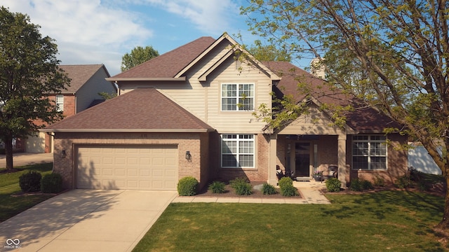traditional home with driveway, roof with shingles, brick siding, a front lawn, and an attached garage