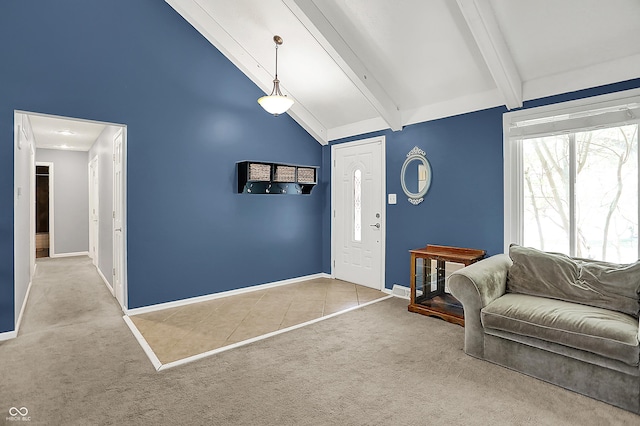 601 Shady Ln, Greenwood, IN 46142 - foyer featuring carpet flooring, baseboards, beam ceiling, and high vaulted ceiling