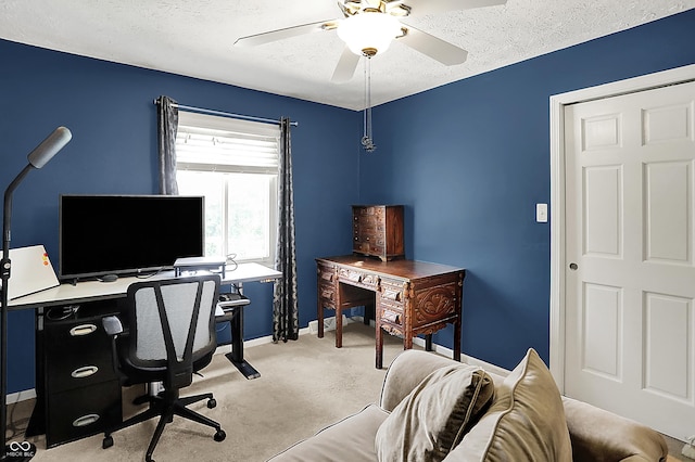 601 Shady Ln, Greenwood, IN 46142 - home office featuring baseboards, light carpet, a ceiling fan, and a textured ceiling