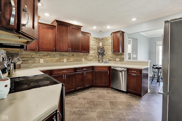 601 Shady Ln, Greenwood, IN 46142 - kitchen featuring decorative backsplash, appliances with stainless steel finishes, ornamental molding, and light countertops