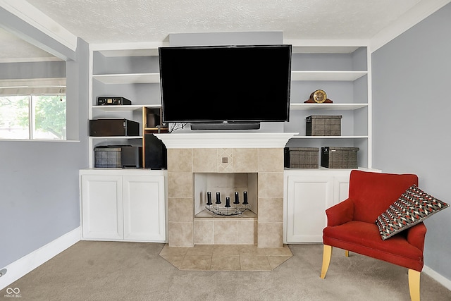 601 Shady Ln, Greenwood, IN 46142 - living area featuring baseboards, light carpet, a textured ceiling, and built in shelves