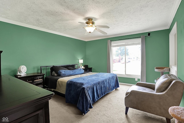 601 Shady Ln, Greenwood, IN 46142 - bedroom with a textured ceiling, light colored carpet, ornamental molding, and ceiling fan