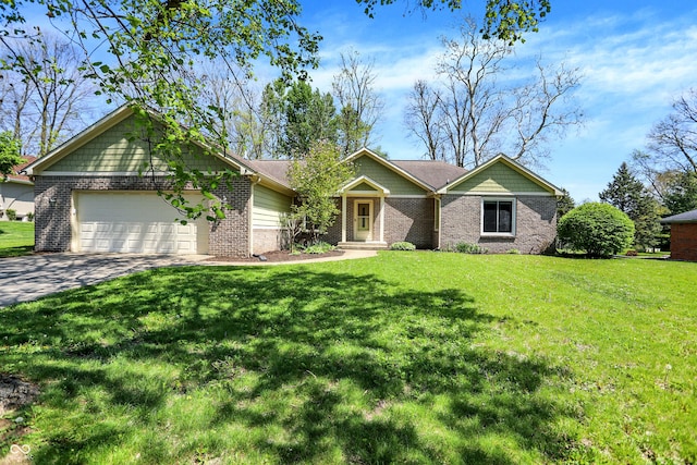 601 Shady Ln, Greenwood, IN 46142 - ranch-style home with brick siding, a garage, a front lawn, and concrete driveway