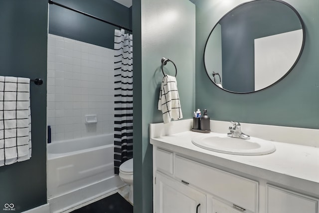 full bathroom with toilet, vanity, and shower / bathtub combination with curtain