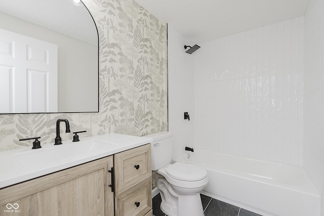 bathroom featuring shower / tub combination, vanity, tile patterned floors, toilet, and wallpapered walls