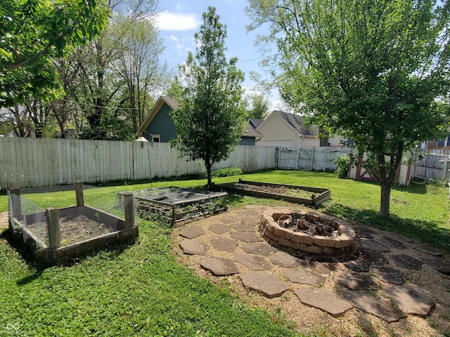 1050 Jefferson Ave, Indianapolis, IN 46201 - view of yard featuring a fenced backyard, an outdoor fire pit, and a vegetable garden
