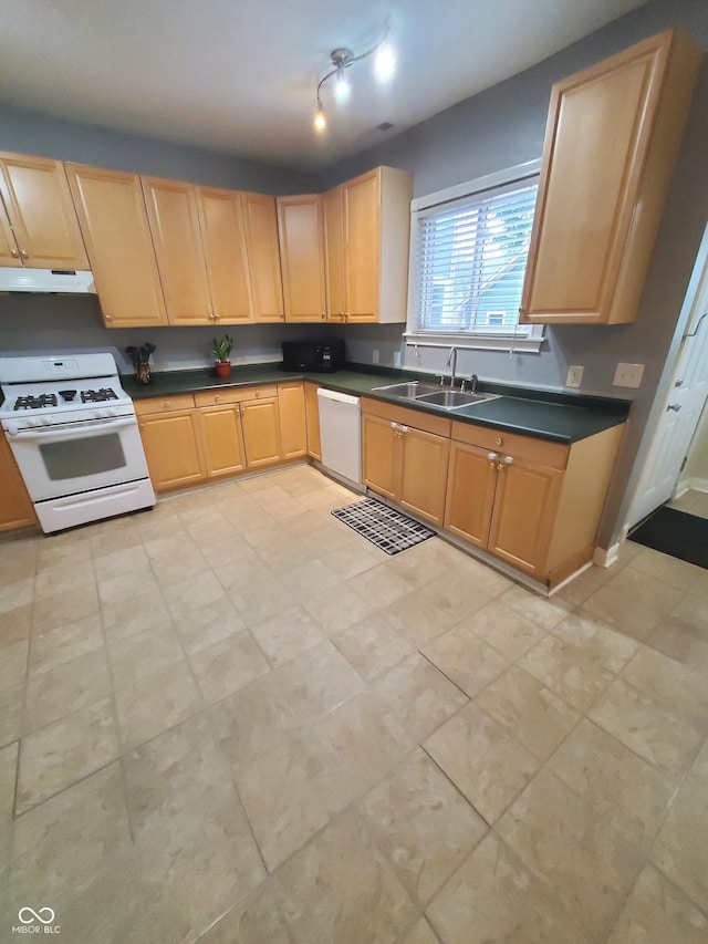 1050 Jefferson Ave, Indianapolis, IN 46201 - kitchen featuring light brown cabinetry, dark countertops, white appliances, under cabinet range hood, and a sink