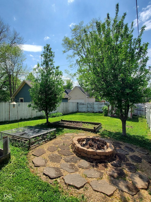 1050 Jefferson Ave, Indianapolis, IN 46201 - view of yard with a fire pit, a fenced backyard, and a patio area