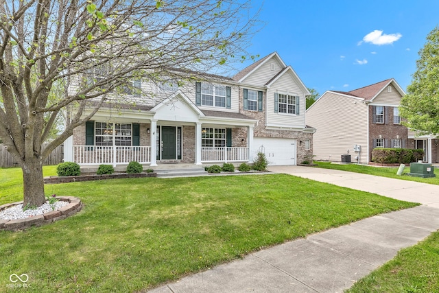 view of front facade with a porch, brick siding, concrete driveway, a garage, and a front yard