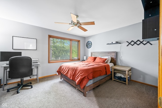 bedroom with baseboards, ceiling fan, and carpet flooring