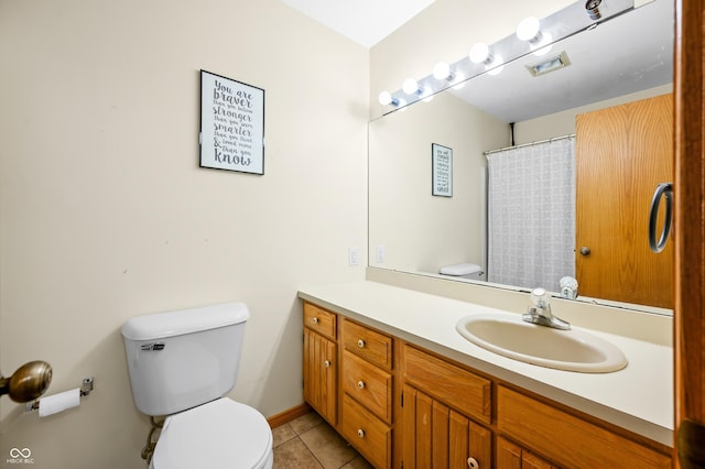 full bath featuring toilet, tile patterned floors, visible vents, and vanity