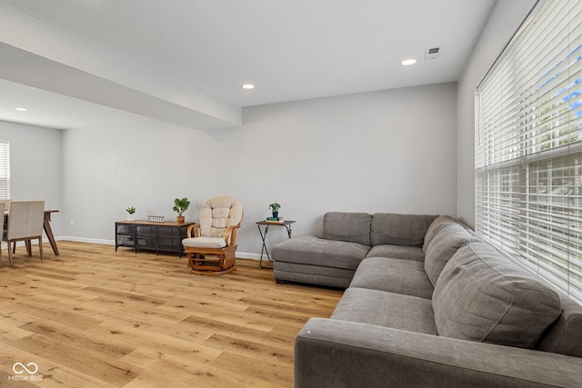 living room featuring plenty of natural light, light wood-style floors, and baseboards