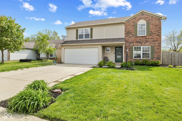 traditional-style house featuring fence, a front lawn, brick siding, a garage, and concrete driveway