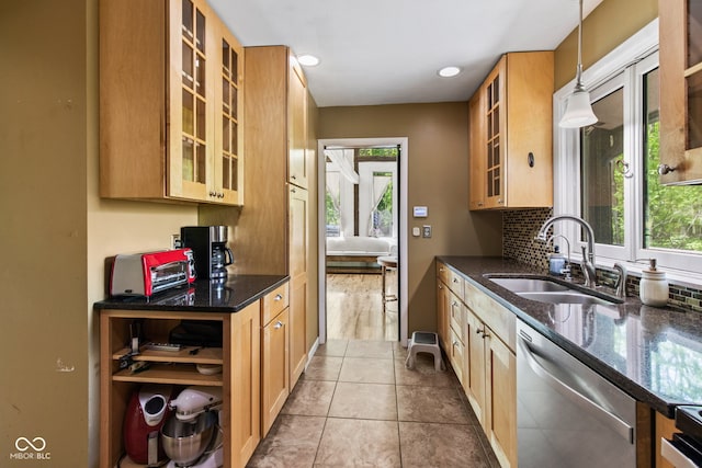 1686 Borders Rd, Nashville, IN 47448 - kitchen featuring stainless steel dishwasher, a sink, plenty of natural light, dark stone counters, and recessed lighting