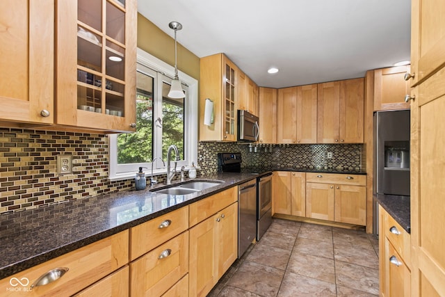 1686 Borders Rd, Nashville, IN 47448 - kitchen with appliances with stainless steel finishes, a sink, backsplash, glass insert cabinets, and recessed lighting