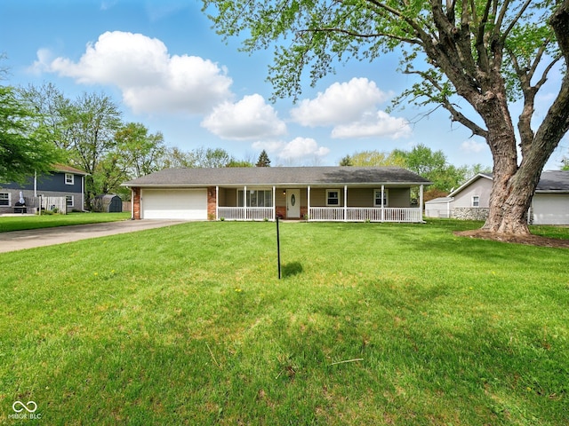 ranch-style house with covered porch, driveway, a front lawn, and a garage