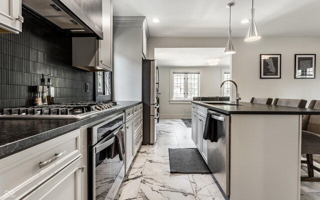 5124 N Capitol Ave, Indianapolis, IN 46208 - kitchen featuring appliances with stainless steel finishes, dark countertops, a sink, marble finish floor, and extractor fan